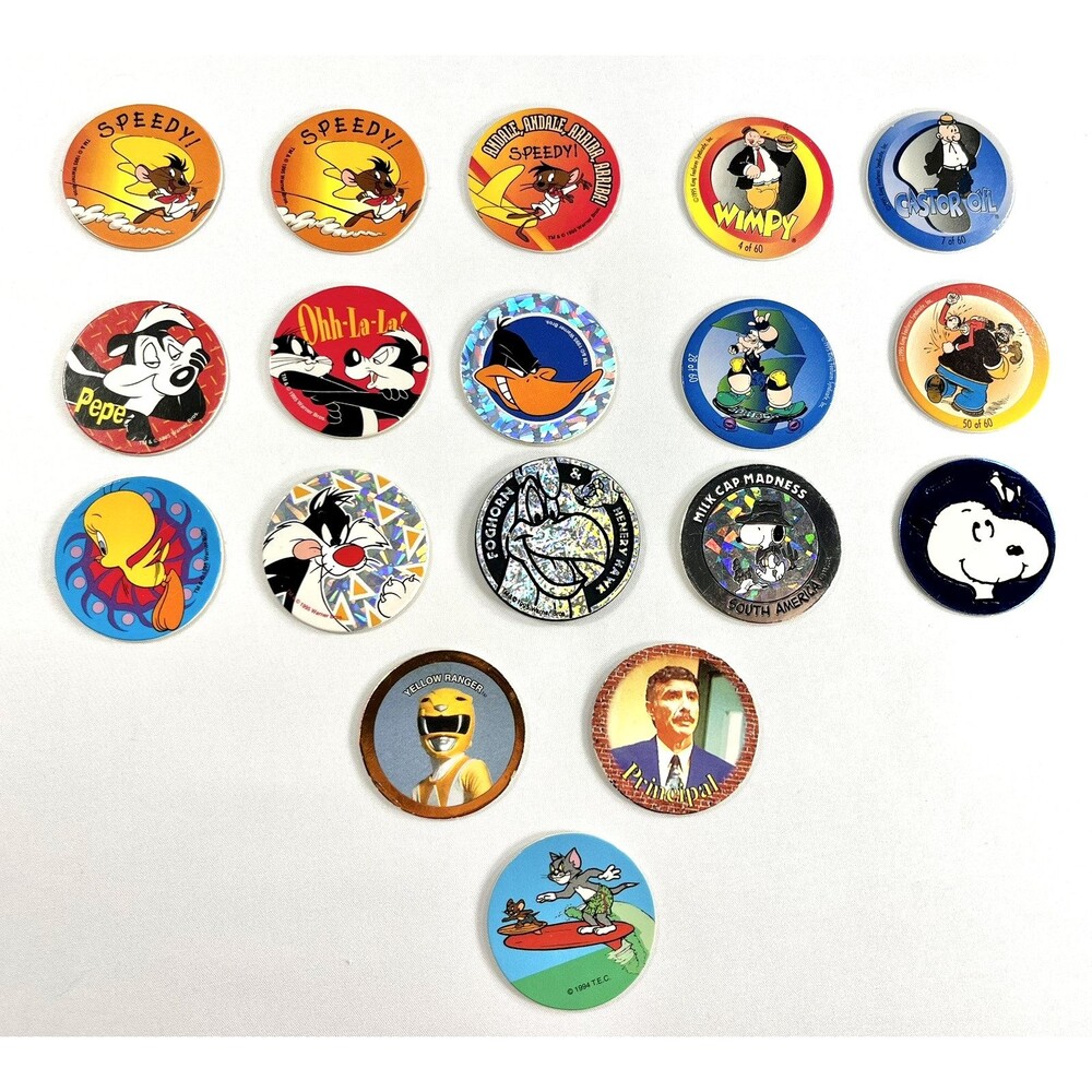 Lot Of 18 Pogs Milk Caps Vintage 1995 Looney Tunes, Power Rangers, Snoopy & More